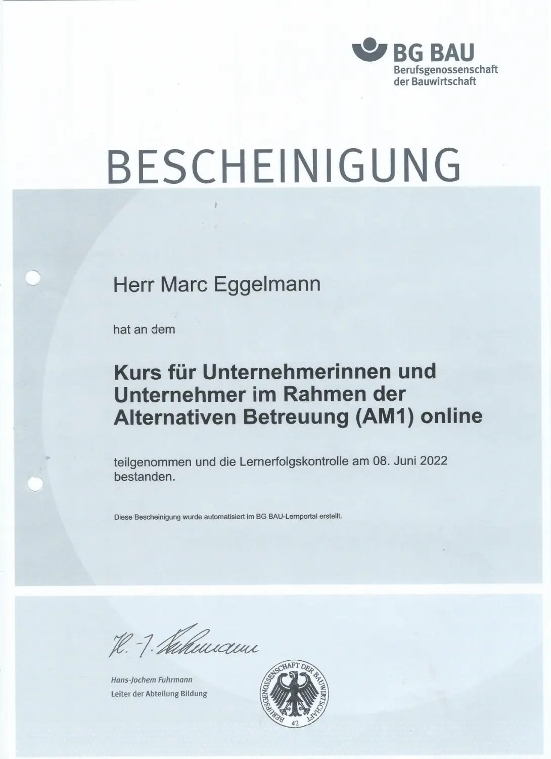 Eggelmann-Bau, Zertifikat