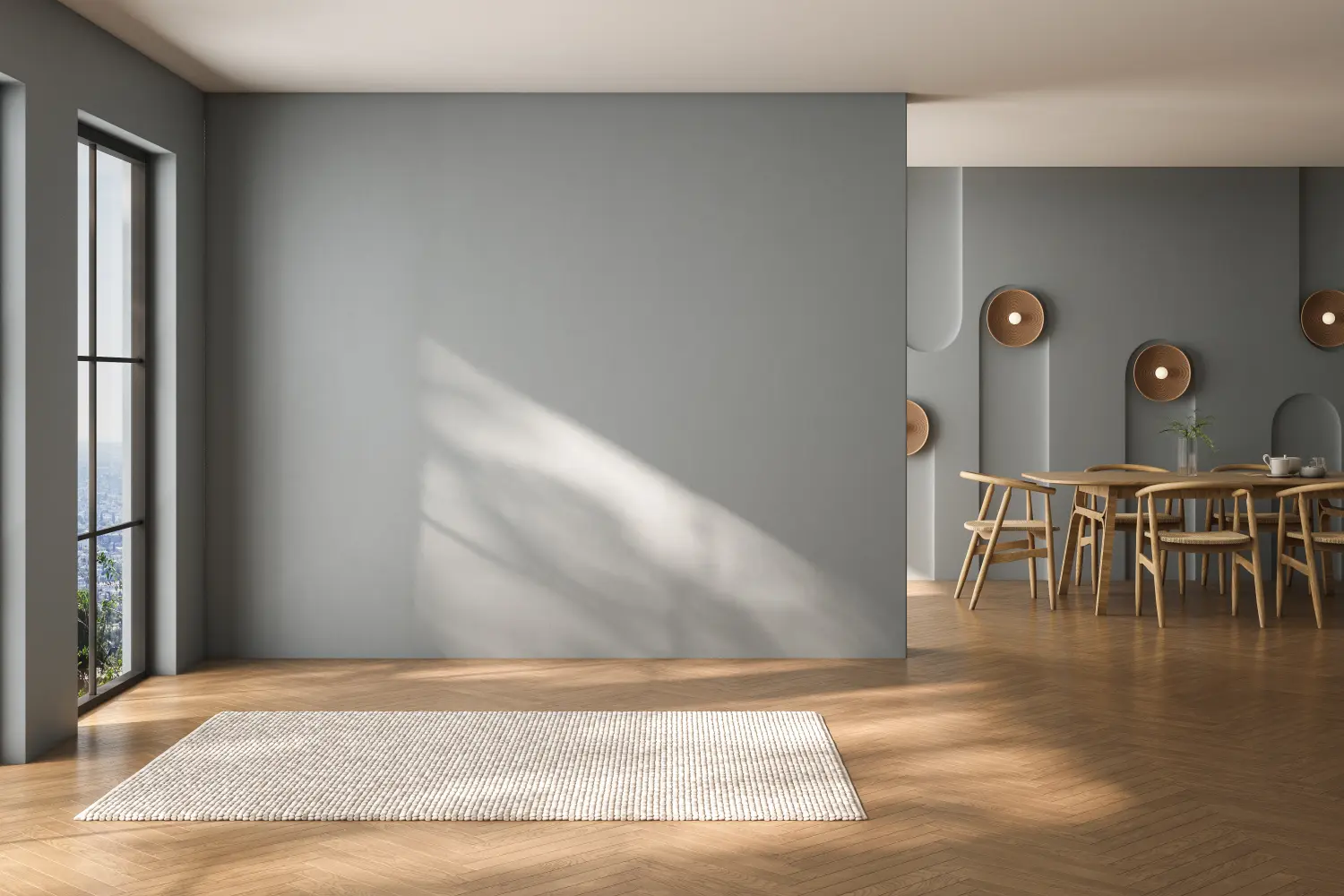Leeres Wohnzimmer mit grau getönter Wand